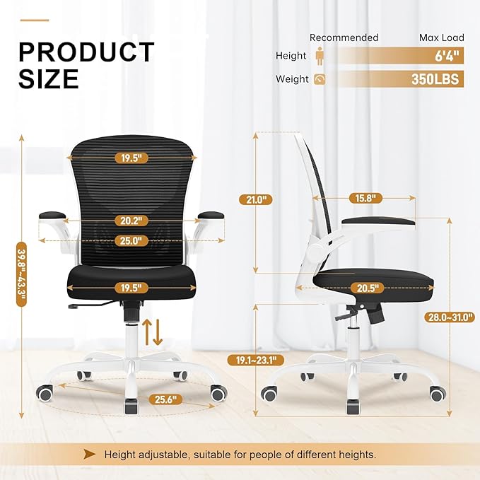 Office Chair, Ergonomic Desk Chairs 330LBS Capacity High Back Mesh Computer Chair with Flip-up Armrests, Comfy Work Chair with Adjustable Lumbar Support, Rolling Chair-DeskLoop Office