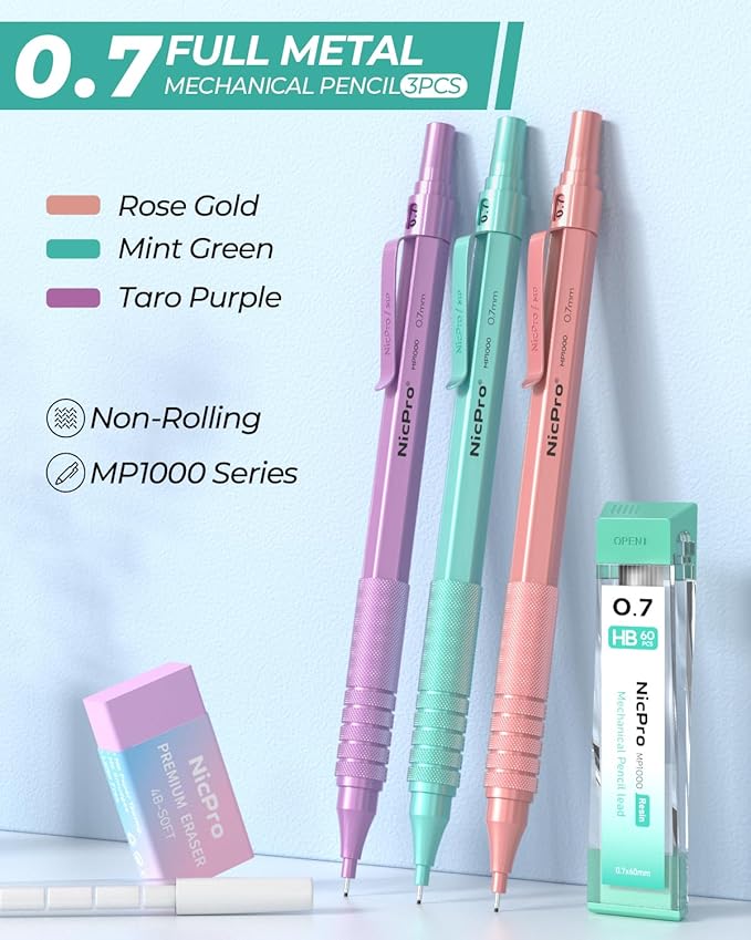 Nicpro 0.7 mm Metal Mechanical Pencil Set, 3PCS MP1000 Artist Lead Pencils With 480PCS HB 2B Lead Refills, Erasers, Pastel Aesthetic Mechanical Pencils for School Supplies Writing Drawing Sketching-DeskLoop Office