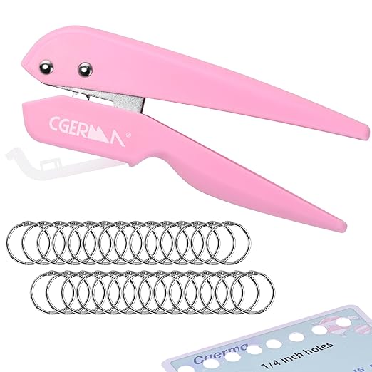 Single Hole Punch, with 30 Pcs Loose Leaf Binder Rings, 1/4" Hole Punches, 50% Labor Savings, Paper Hole Puncher, 15 Sheet Capacity, for Paper Cards Plastic Cardboard, Lightweight, Pink-DeskLoop Office