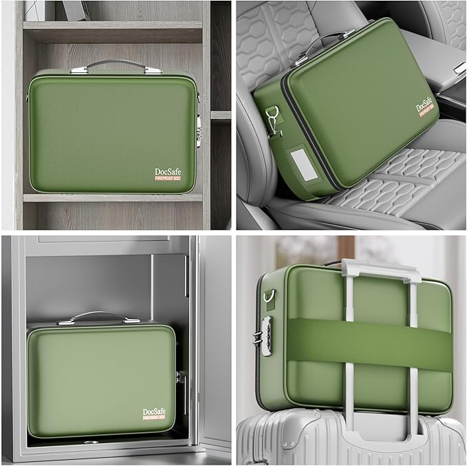 DocSafe Fireproof Document Box with Lock, Hard Case File Organizer with Accordion File Folder, Fireproof Water Resistant Safe Box Home Office Travel Storage for Important Documents Laptop Green-DeskLoop Office