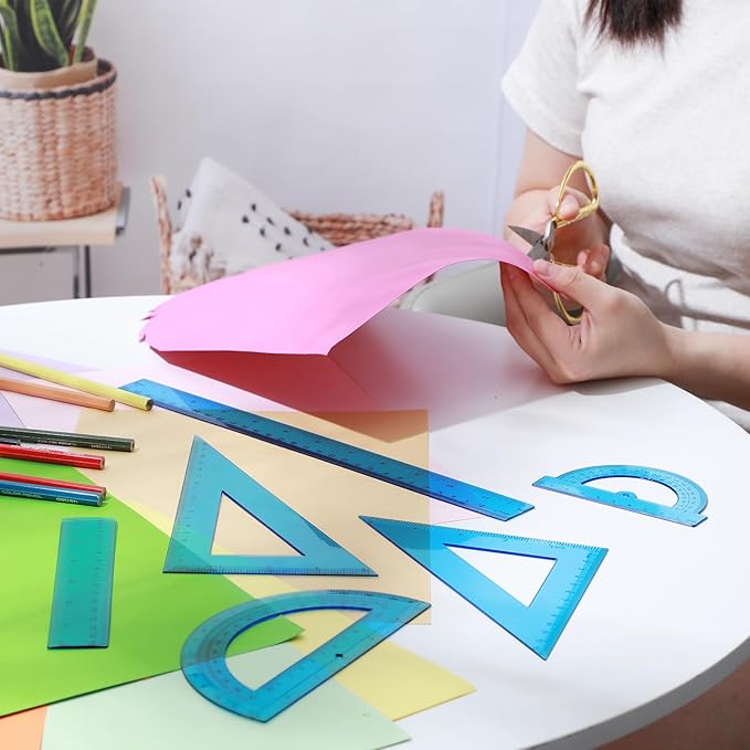 Tenare 6 Pcs Plastic Ruler Math Set Includes 12 Inch 6 Inch Straight Protractor Triangle Geometry Transparent Math Ruler Measuring Tools for School Office Home(Blue)-DeskLoop Office
