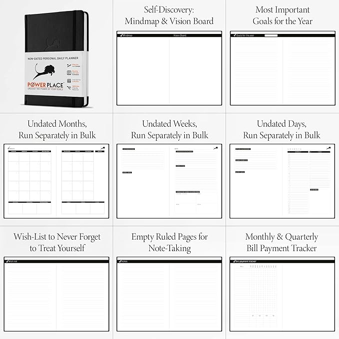 Daily Planner, Calendar & Life Organizer to Improve Time-Management, Productivity & Happiness | Vegan Leather Hardcover Notebook with Blank Dates, Undated 6 Months Hourly Planner for Men & Women, 24 Hour Agenda (Black)-DeskLoop Office