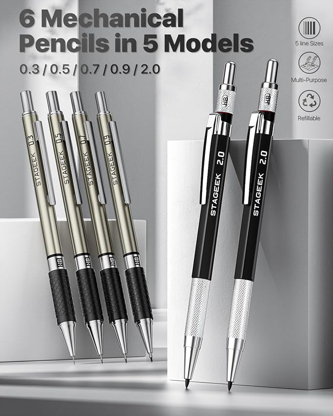 37PCS Art Mechanical Pencil Set, Drafting Pencil 5 Sizes- 0.3, 0.5, 0.7, 0.9MM & 2PCS 2.0MM Mechanical Drawing Pencils with 492PCS Leads (6B 4B 2B HB 2H 4H Color) for Artist Sketching Drawing-DeskLoop Office