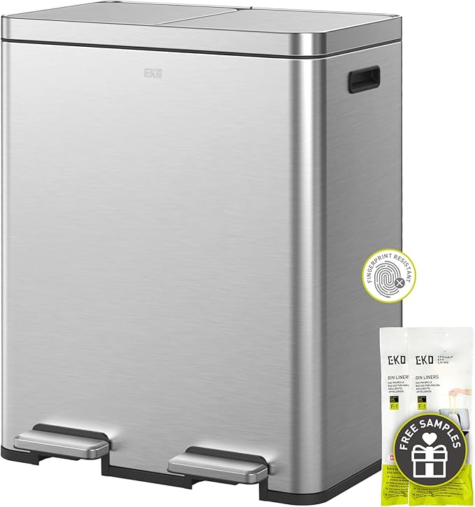 EKO Edison Dual Trash Can for Recycling and Trash, 8+8 Gallons Kitchen Garbage Can with Dual Removable Inner Liners, Independent Lids and Pedals, Matte Stainless Steel-DeskLoop Office