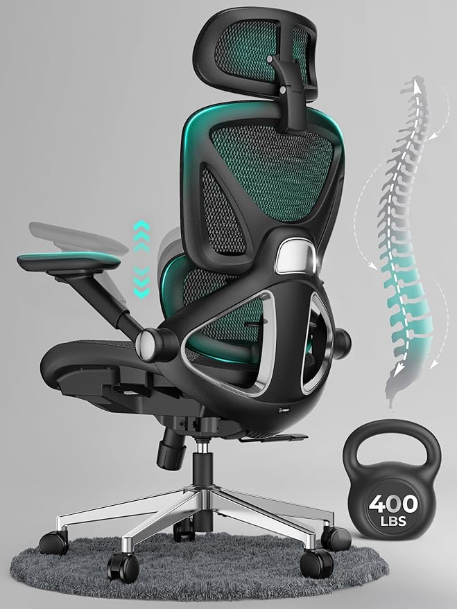 CAPOT Ergonomic Mesh Office Chair, Adjustable Lumbar High Back Desk Chair 400lbs, 4D Flip-up Arms, 3-Level Tilt Backrest, 3D Headrest, PU Wheels, Swivel Rolling Computer Seating for Long Desk Work-DeskLoop Office