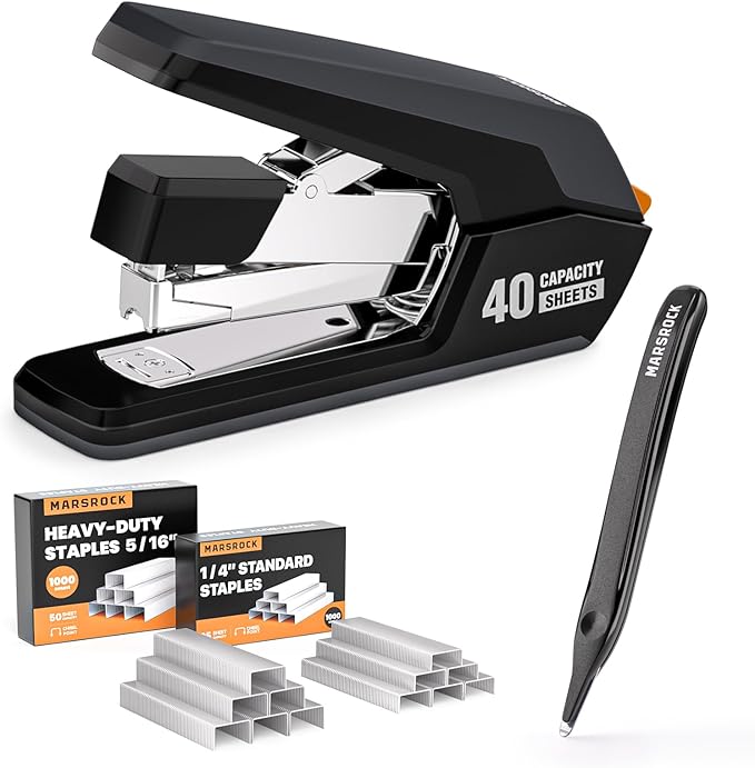 Effortless Stapler for Desk with 40-50 Sheet Capacity, 2000 Staples, 1-Touch Stapling, Ergonomic & Easy to Load Desktop Staplers, Heavy Duty Stapler, and Magnetic Staple Remover, Black-DeskLoop Office