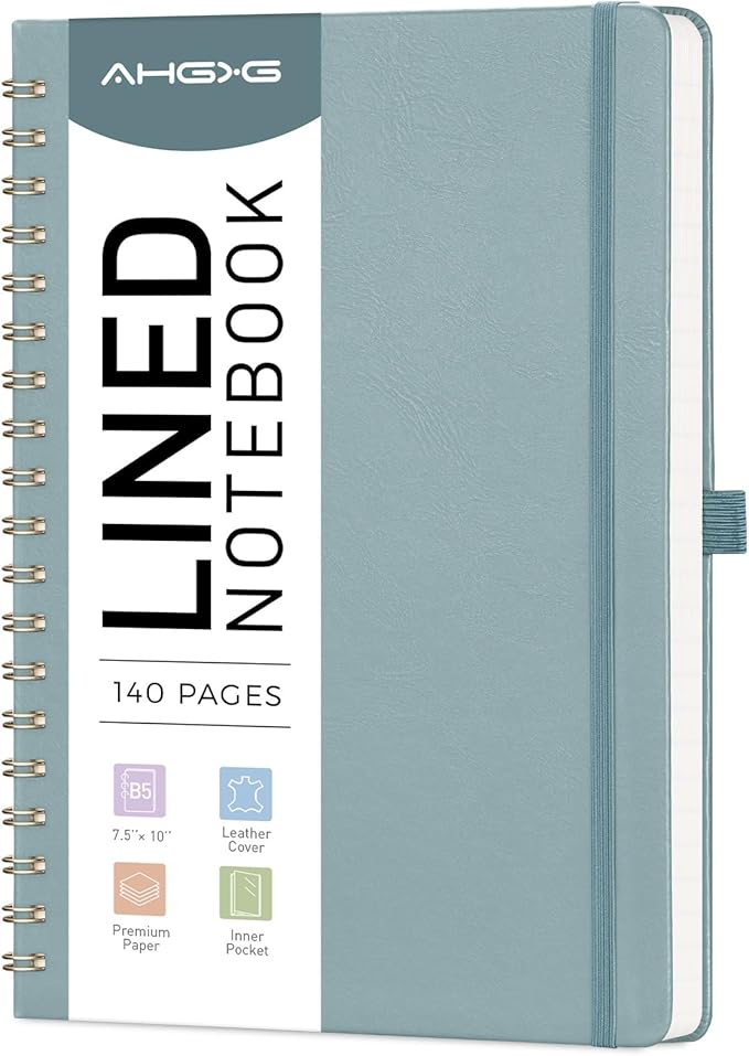 AHGXG Lined Spiral Journal Notebook, B5 Large Notebooks for Women Men, 140 Pages Hardcover Leather Notebook College Ruled, 100 GSM Paper, Notebooks for Work School Note Taking, 7.6" x 10", GrayBlue-DeskLoop Office