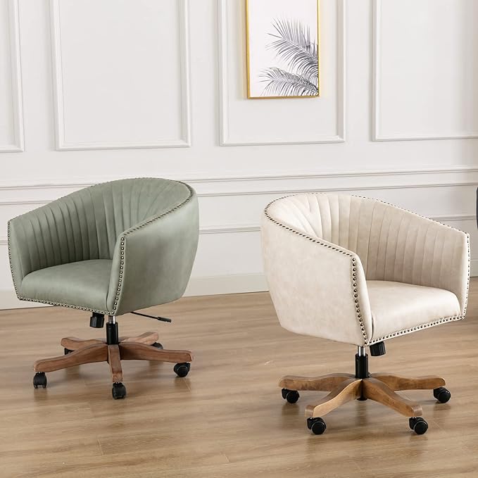 Green Faux Leather Home Office Desk Chair, Upholstered Barrel Swivel Adjustable Arm Desk Chair with Nailheads, Comfy Mid-Back Study Chair with Silent Wheel for Study Office Computer-DeskLoop Office