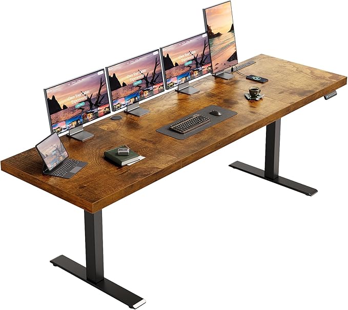 OffiGo Electric Standing Desk with 3-Piece Board, 79 Inch Height Adjustable Large Desk with Power Outlets, Sit Stand Table, Writing Computer Desk for Home, Office, Workstation, Rustic Brown-DeskLoop Office