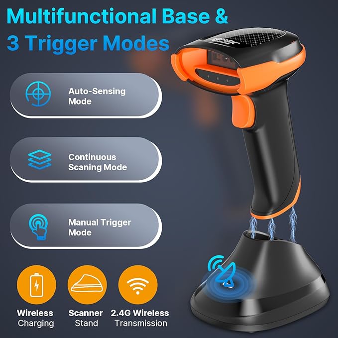AGPTEK Bluetooth & 2.4GHz Wireless Barcode Scanner with Patented Color Light Technology for Color Barcodes, 2D/1D QR Code Reader, Customizable Settings & Wireless Charging Cradle-DeskLoop Office