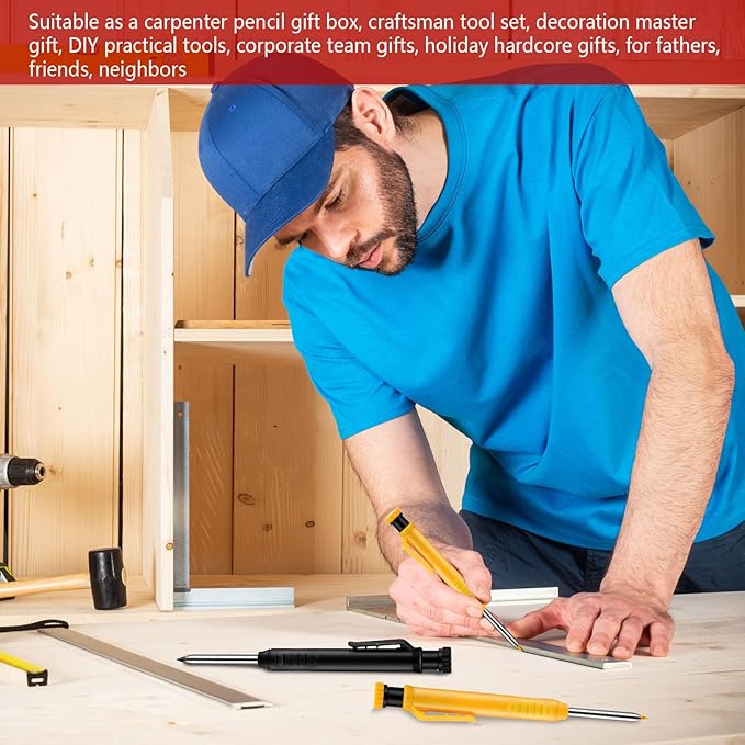 8 pack 2.8mm Mechanical Carpenter Pencils with 48 Refills, Construction Pencils with Built-in Sharpener, Long Nib Deep Hole Marker, Heavy Duty Woodworking Tools (Black+yellow)-DeskLoop Office