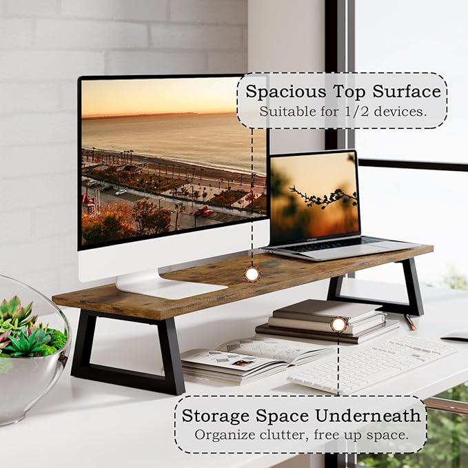 TEAMIX 31.5 inch Dual Monitor Riser for 2 Monitors, Long Monitor Stand Riser TV Stand Riser Monitor Stand for Desk Wood & Steel Desktop Riser Desk Organization Home Office-DeskLoop Office