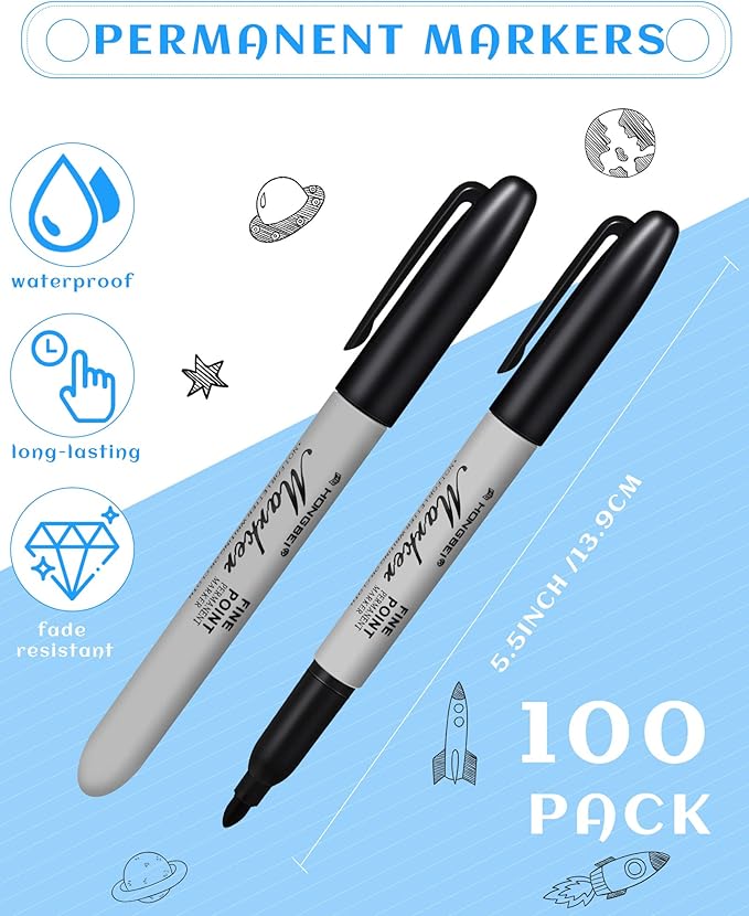 Thenshop 100 Pack Permanent Markers Bulk Black Permanent Marker Set Fine Point Pens Work on Wood, Metal, Stone, Glass-DeskLoop Office
