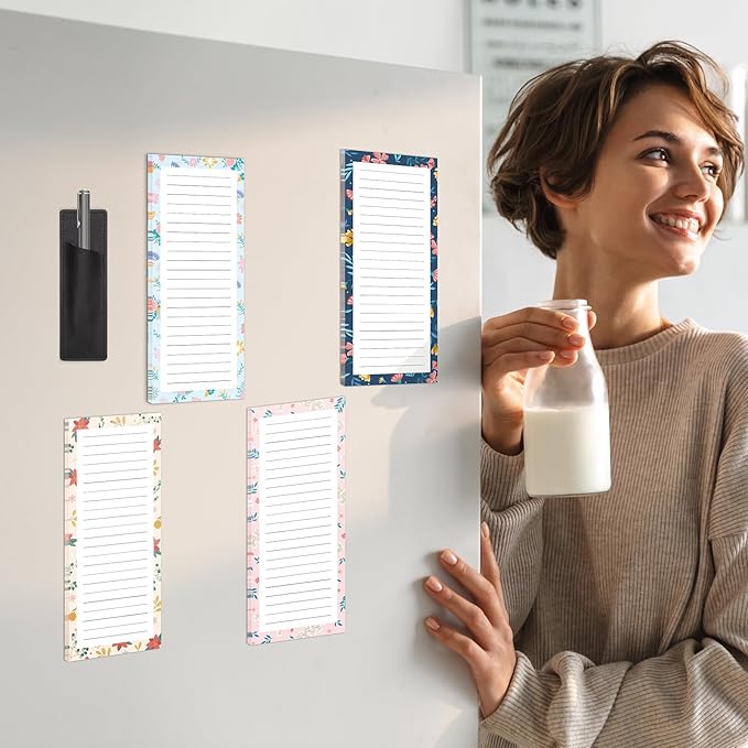 4 Pack Magnetic Note Pad for Fridge with Pen Holder, Totally 200 Sheets Magnetic To Do List, Shopping List, Grocery List, Memo Pads for Refrigerator(Flower Design)-DeskLoop Office