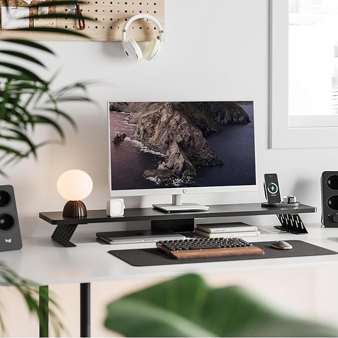 Fenge Dual Monitor Stand Riser, 42.5 Inch Desk Top Shelf for 2 Monitors, Computer Stands for Desk, Wood & Steel Desktop Riser for Laptop, PC, Printer-DeskLoop Office