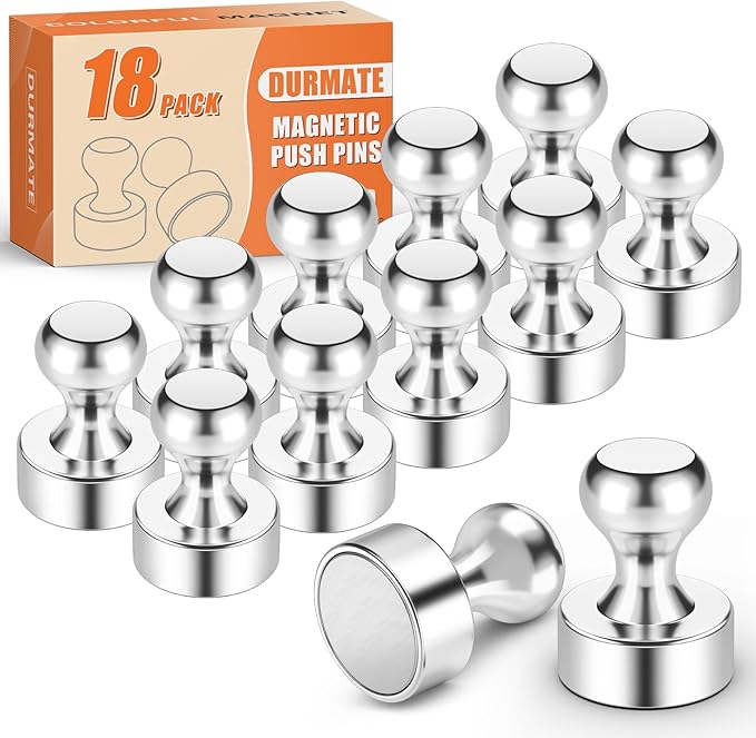 18 Pack Whiteboard Magnets Push Pins, Refrigerator Magnets Strong, Magnetic Clips Heavy Duty for Kitchen Decor and Accessories, Fridge, Crafts, Wall, Shopping List, Silver-DeskLoop Office