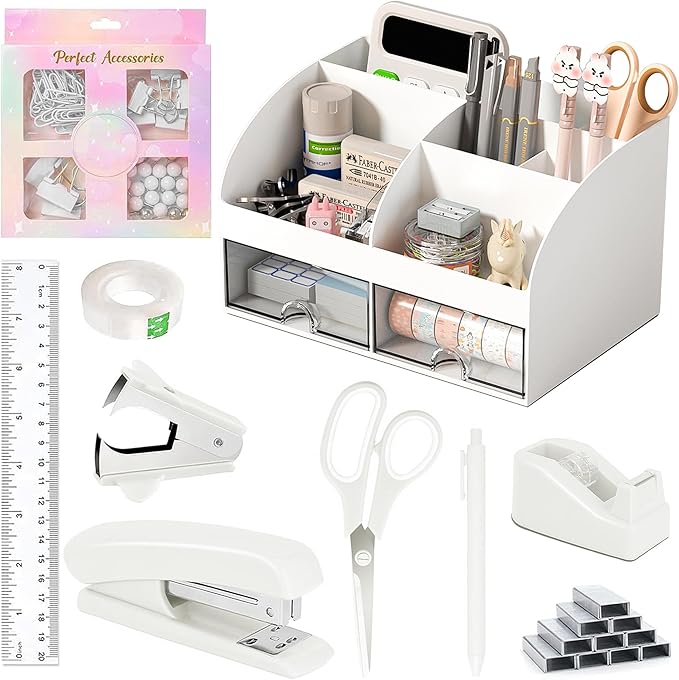 Desk Accessories with Pen Holder, Office Supplies Desk Organizers and Accessories, Tape Dispenser, Stapler, Staple Remover, Staples, Clips Set, Ruler, Scissor, Pen, Tape (White)-DeskLoop Office