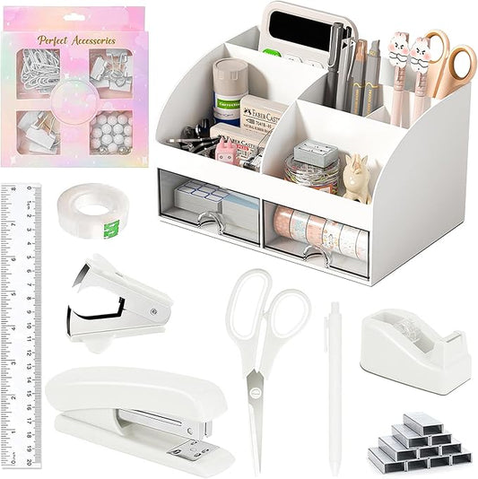 Desk Accessories with Pen Holder, Office Supplies Desk Organizers and Accessories, Tape Dispenser, Stapler, Staple Remover, Staples, Clips Set, Ruler, Scissor, Pen, Tape (White)-DeskLoop Office