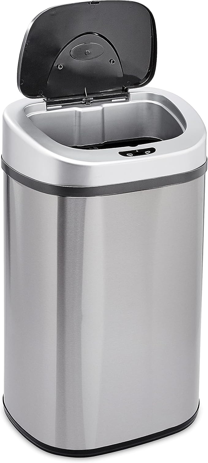 Amazon Basics Automatic Trash Can with Lid, Hands-Free, Stainless Steel, D-Shaped 80 l, 2 Bins-DeskLoop Office