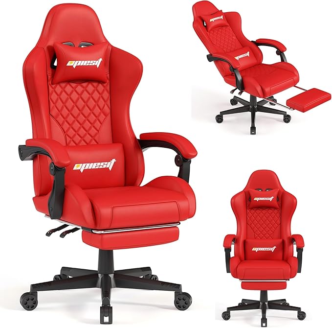 Gaming Chair,Ergonomic Computer Chairs for Adults with Footrest, PU Leather Office Chair with Adjustable Lumbar Support & Pocket Spring Cushion - Heavy Duty 400lb Capacity Gamer Chair (Red)-DeskLoop Office