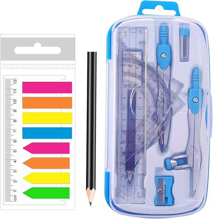 Math Compasses Back-to-School Starter Geometry Kit with 2 Drafting Compasses Protractor Set Squares Ruler and More for Students Maths Study Homework, Blue Set with Carry Case-DeskLoop Office