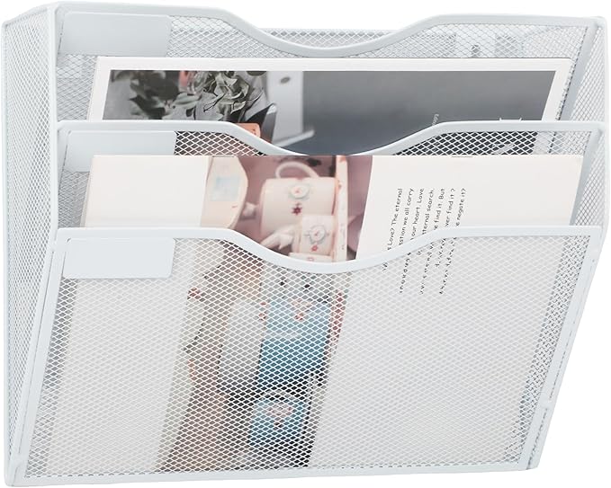 EASEPRES 3 Pocket Mesh Hanging Wall File Organizer, Wall Mounted Mail Paper Document Folder Holder, Clipboard Storage Organization Magazine Rack with Nametag Label for Office Home School, White-DeskLoop Office