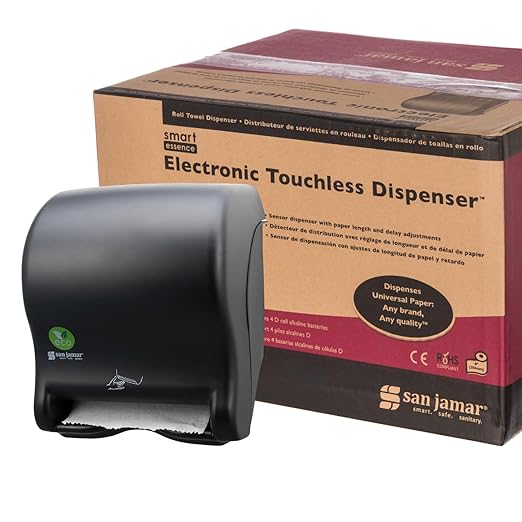 San Jamar Ecologic Smart Essence Recycled Plastic Electronic Paper Towel Dispenser, Universal Roll Capacity, Wall Mounted Dispenser with Zero Waste for Home and Business Universal, Black-DeskLoop Office