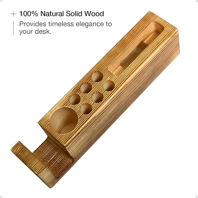 Hoffenwell Wooden Desk Organizer with Phone Holder – Stylish & Functional Book, Pen and Cell Phone Charging Stand - Solid Wood Pen Holder for Desk