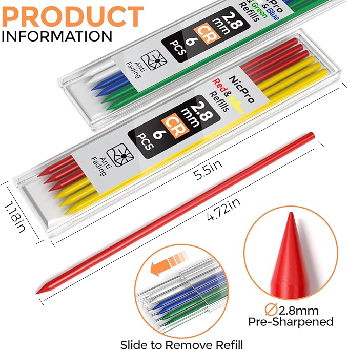 Nicpro 60 PCS Carpenter Pencil Lead Refills 2.8mm, Lead for Carpenter Mechanical Pencil, Break Resistant 2.8 mm Lead for Construction Pencil, Woodworking Pencil (Black, Red, Yellow, Green, Blue,White)-DeskLoop Office