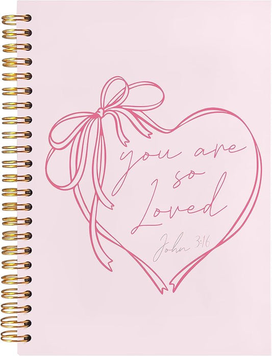 BearCake Coquette Pink Bow Christian Notebook Journal, Christian Gifts for Women, You Are So Loved Bible Journaling Prayer for Women, Preppy Aesthetic Hardcover Spiral Notebook 5.5x8.3-DeskLoop Office