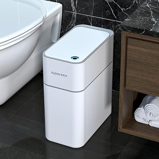 MOPALL Small Bathroom Trash Cans with Lids,Motion Sensor Bathroom Trash Can,Narrow Waterproof Plastic 3.5 Gallon Automatic Adsorption Touchless Garbage Can,White-DeskLoop Office