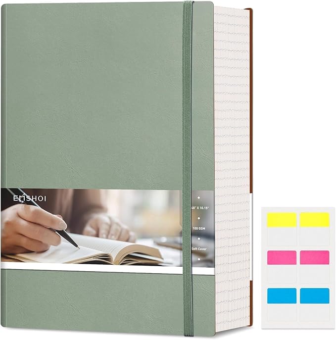 EMSHOI B5 College Ruled Notebook Journal - 400 Pages (200sheets), 7mm Spacing & Vegan Leather Cover for Work, School, Bible Study, Bullet Journaling - with Sticky Notes, Pocket & Pen Holder- Green-DeskLoop Office