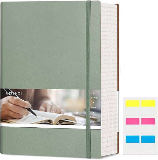EMSHOI B5 College Ruled Notebook Journal - 400 Pages (200sheets), 7mm Spacing & Vegan Leather Cover for Work, School, Bible Study, Bullet Journaling - with Sticky Notes, Pocket & Pen Holder- Green-DeskLoop Office
