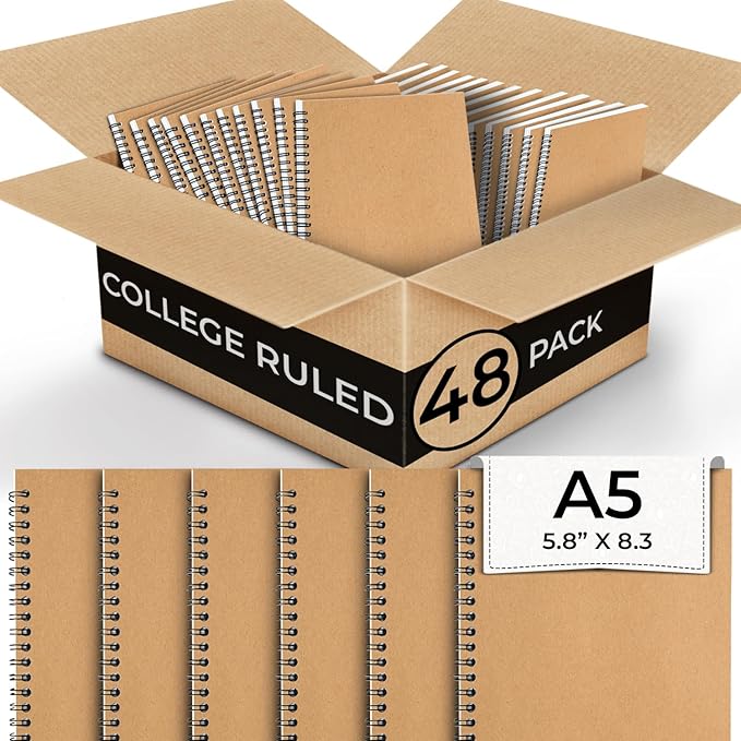 48 Pack Kraft Spiral Notebook, A5 College Ruled, 5.8 x 8.3, 120 Pages (60 Sheets), 100 GSM Thick Paper, Hardcover Planner Notebooks, Travel Writing Journals, Bulk Home Office School Supplies-DeskLoop Office