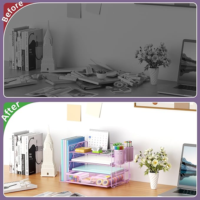 Marbrasse Desk Organizer and Accessories,4-Tier Paper Letter Tray Organizer with File Holder, Workspace Desk Organizers Accessories with Drawer and 2 Pen Holder (Purple, 15.4" x 9.1" x 8.3")