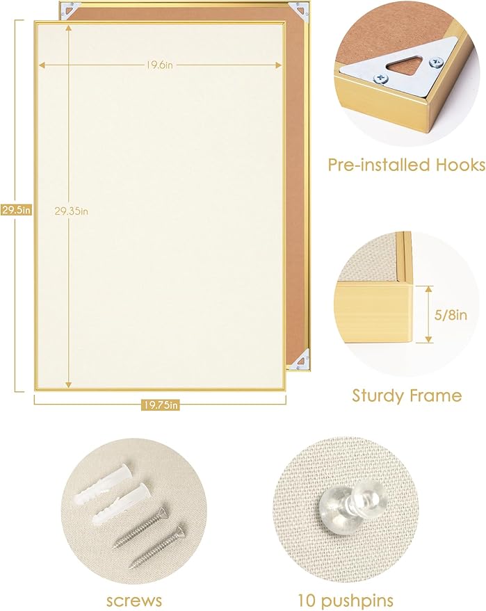 Bulletin Board 30 x 20 inches, Oatmeal White Pin Board, Golden Aluminum Framed Fabric Cork Board with 10 Push Pins-DeskLoop Office