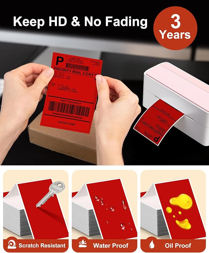 Phomemo 4x6 Thermal Label Printer Paper - 500 PCS Red 4"x6" Fan-Fold Shipping Supplies Labels - Water/Oilproof Label Stickers - Permanent Adhesive 4x6 Mailing Labels Paper for Thermal Printer-DeskLoop Office