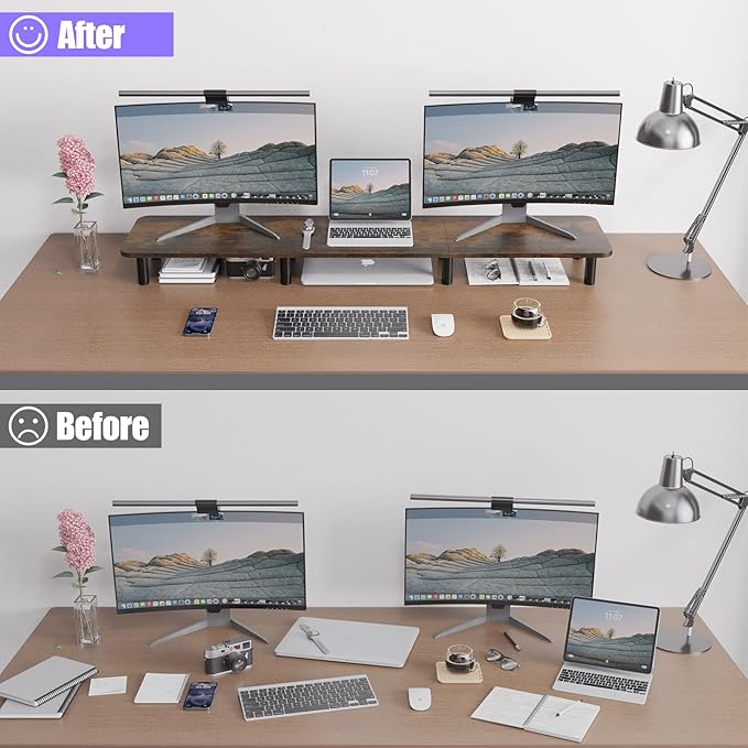 Dual Monitor Stand - 43.7 inch Extra Long Wide TV Stand - Wood & Steel Leg Desktop Riser - Desk Organization - Home Office (Vintage)-DeskLoop Office