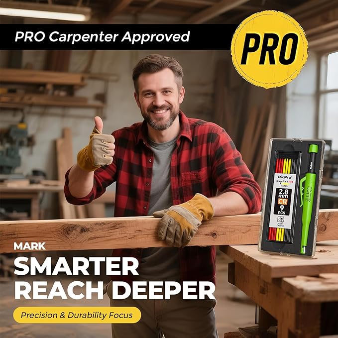Nicpro Carpenter Pencil with Sharpener, CP3000 Carpenter Mechanical Pencils with 19 Refill, Deep Hole Marker for Construction, Heavy Duty Construction Pencil, Woodworking Tool for Architect Marking-DeskLoop Office
