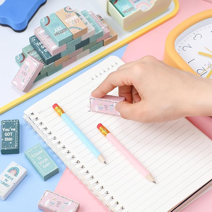 200 Pcs Back to School Inspirational Erasers Bulk Gifts Boho Everyone is Welcome Classroom Decor Fun Rainbow Motivational Pencil Erasers for Classroom Office Teacher Artists Prize Reward-DeskLoop Office