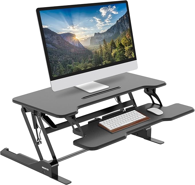 Mount-It! Height Adjustable Standing Desk Converter, 38” Wide, Stand Up Desk Riser for 2 Monitors, Manual Gas Spring Desktop Raises to 16.9", Fits Two Monitor Screens with Keyboard Mouse Tray in Black-DeskLoop Office