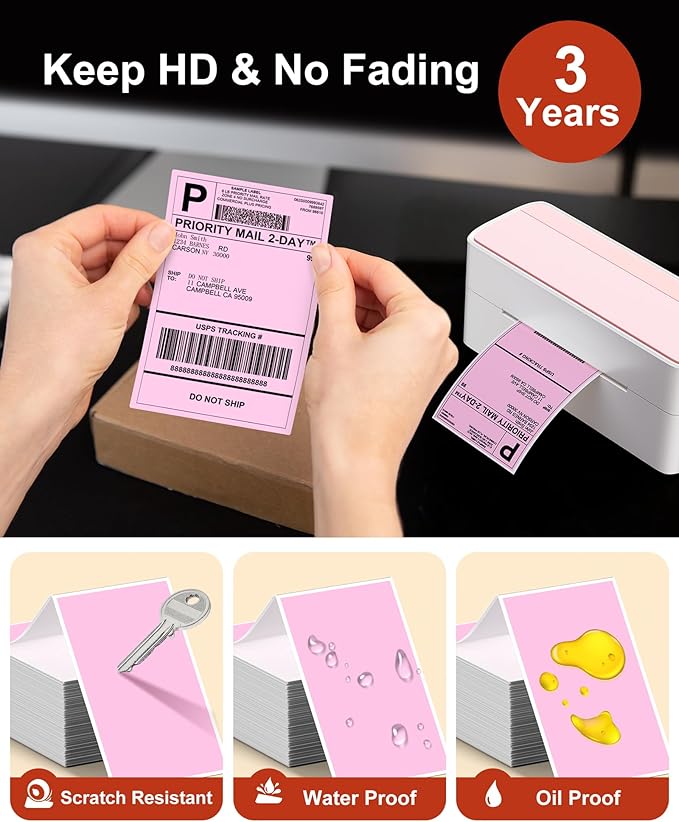 Phomemo 4x6 Thermal Label Printer Paper - 500 PCS Pink 4"x6" Fan-Fold Shipping Supplies Labels - Water/Oilproof Label Stickers - Permanent Adhesive Thermal 4x6 Labels for Small Business Supplies-DeskLoop Office