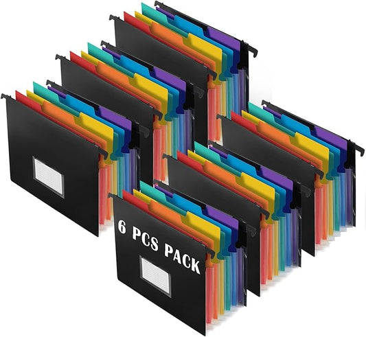 TRANBO 7-Pockets Hanging File Folder with Retractable Hooks for Filing Cabinet, Letter Size Expandable Accordion File Organizer with Elastic Band for File Frame or On-The-Go Use (6 Pack)-DeskLoop Office