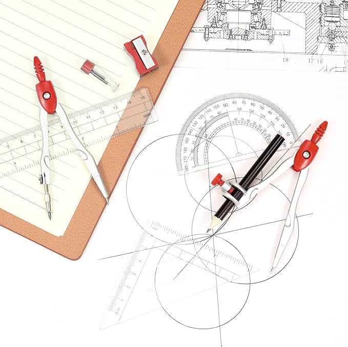 Math Geometry Kit Sets 10 Piece Student Supplies with Shatterproof Storage Box,Includes Rulers,Protractor,Compass,Eraser,Pencil Sharpener,Lead Refills,Pencil,for Drafting and Drawings(Red)-DeskLoop Office