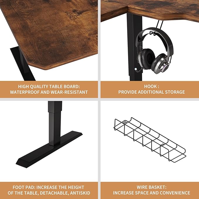 Electric Height Adjustable Standing Desk, 59 L-Shaped Sit - Stand Desk for Work or Home Office Push Button Memory Settings Brown Splice Board/Black Frame-DeskLoop Office