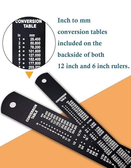 Metal Ruler Kit 12 Inch and 6 Inch, Stainless Steel Rulers with Centimeters, Millimeters, Inches and Conversion Table for Office and School, Easy to Read Metric Rule Set, 2 Pack-DeskLoop Office