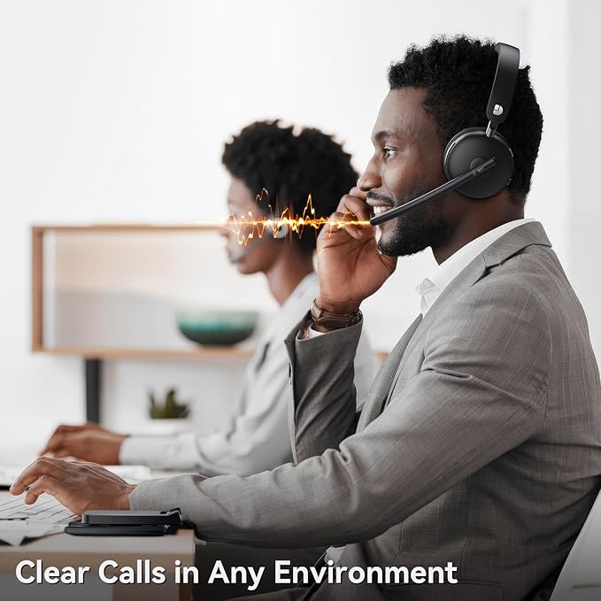 Wireless Headset with Mic for Work-Bluetooth 5.3 Headset with Noise Cancelling, Wireless Headsets with 65Hrs Battery & 10Min Fast Charge, Smart Dock with Digital Display for PC/Computer/Teams-DeskLoop Office