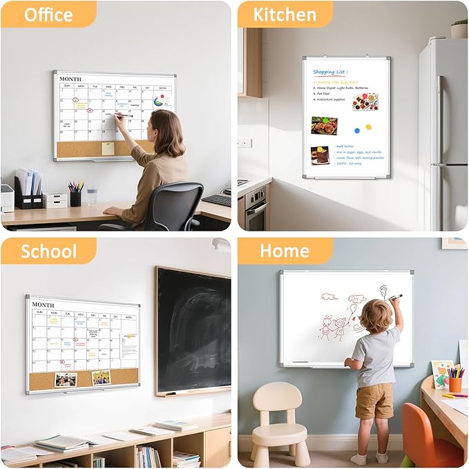 Dry Erase Calendar Whiteboard for Wall, 24"x18" Magnetic Monthly White Board Cork Board Combo, Double Sided, Aluminum Frame, Wall Hanging Wipe Board for Home, Office, School, Dorm-DeskLoop Office