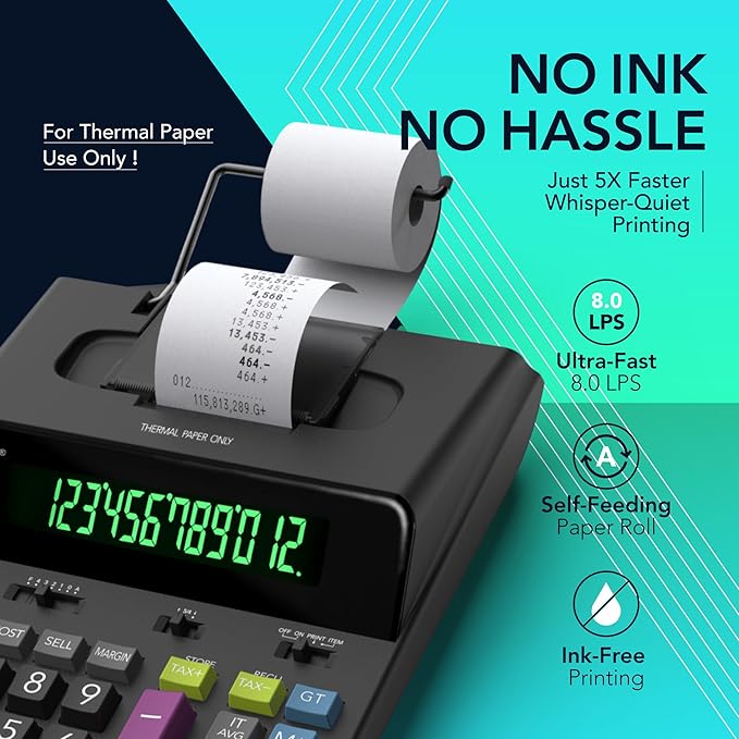 CATIGA 12 Digit Thermal Printing Calculator with Tape Print Out, Ink-Free Adding Machine, 5X Faster Quite at 8.0 LPS, Extra Large Fluorescent Display, Tax Calculation with Clock and Calendar, SP-2401-DeskLoop Office