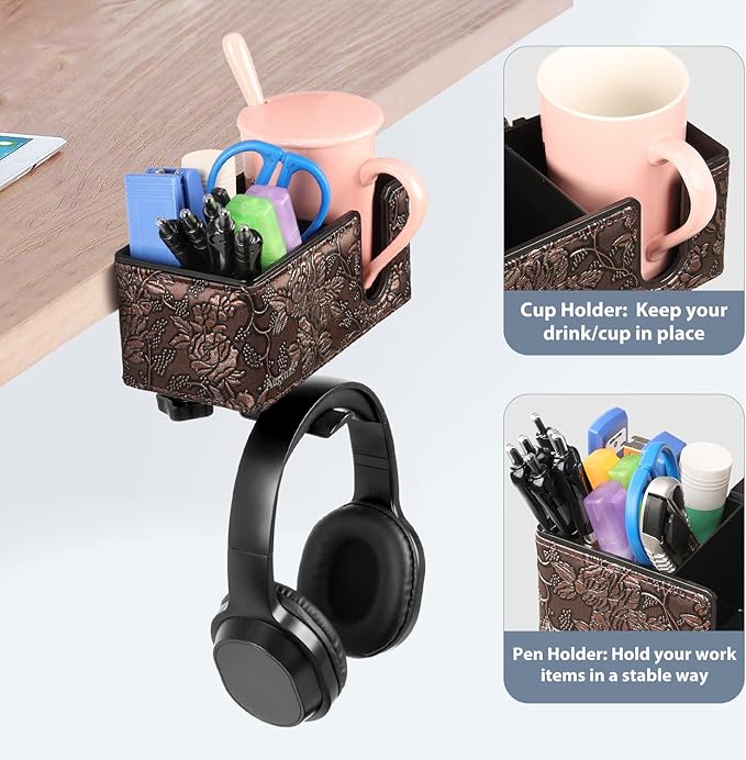 Desk Cup Holder Clip on Pen Holder Headphone Hanger Headset Stand Rotatable Clamp Hook Under Desk (Golden)-DeskLoop Office